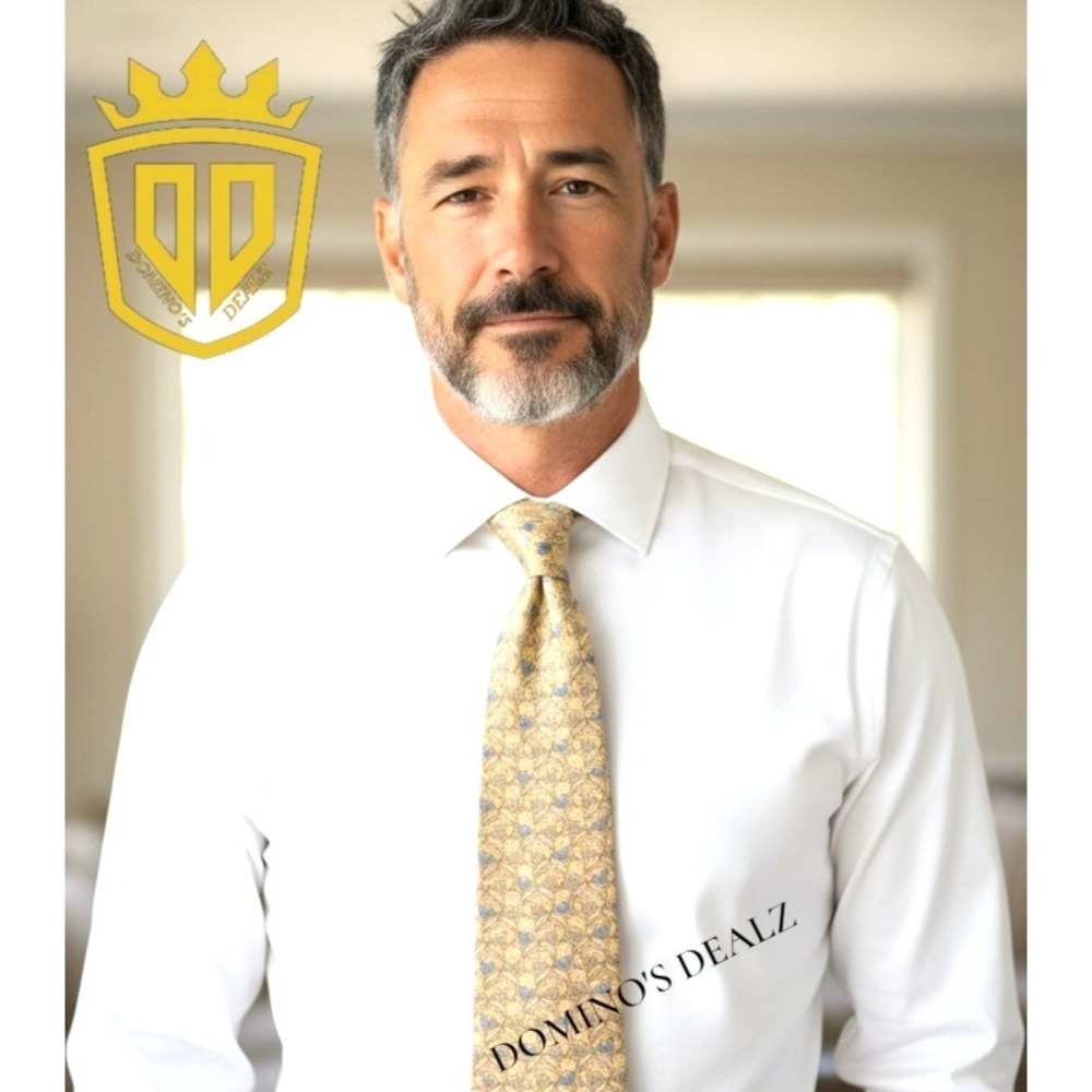 Old River Silk Tie Medieval Floral Pale Lemon Blue Made France 60.2" x 3.2"